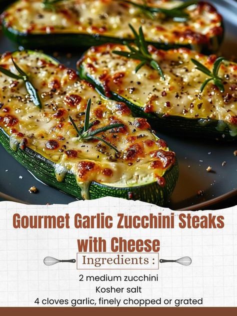 Gourmet Garlic Zucchini Steaks With Cheese, Zucchini Steaks, Creative Cookery, Garlic Zucchini, Steak Sides, Garlic Steak, Garlic Cheese, Steak Recipes, Kosher Salt