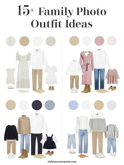 Looking for inspiration for family photo outfits? Check out this list of 15+ outfit ideas for spring, summer, fall and winter! With a focus on casual and simple style these outfits combine neutral color palettes with other tones like blue, green, blush, camel, and black. There’s ideas here for everyone in the family so you are looking your best for your family photoshoot! Picture Color Schemes, Neutral Family Photos, Casual Family Photos, Photography Outfit Ideas, Spring Family Pictures, Family Photo Studio, Family Portrait Outfits, Family Photo Colors, Autumn Family Photography