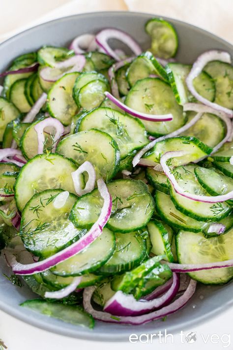 Gurkensalat (German Cucumber Salad with Vinegar) - Earth to Veg Cucumber Salad Dressing, Cucumber Onion Salad, German Cucumber Salad, Easy Cucumber Salad, Spicy Cucumber Salad, Salad Appetizer Cups, Salty Recipes, Cucumber Dill Salad, Vinegar Cucumbers