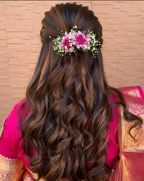 Hair Styles For Long Hair Length Bridal, Curly Hairstyles For Reception, Grahshanti Hairstyles, Half Pinup Hairstyle Indian, Hairstyle For Leganha, Hairstyle With Orchid Flower, Hair Styles For Medium Length Indian, Indian Hairstyles For Traditional Saree, Engament Hairstyle