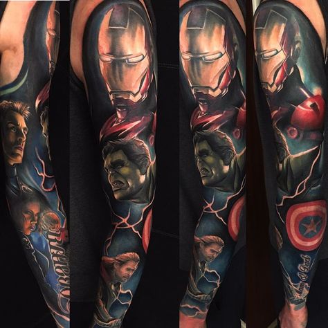 Complete Marvel Avengers Sleeve Tattoo Superhero Sleeve Tattoo, Marvel Full Sleeve Tattoo, Marvel Leg Sleeve Tattoo, Avengers Sleeve Tattoo, Marvel Sleeve Tattoo, Marvel Avengers Tattoo, Avengers Tattoo Ideas, Marvel Sleeve, Marvel Tattoo Sleeve