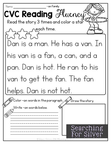 Kindergarten Reading Comprehension And Decodable Cvc Word Phonics Passages Cvc Reading, Cvc Practice, Reading Comprehension Kindergarten, Decodable Readers, Fluency Passages, Cvc Word Families, Kindergarten Reading Worksheets, Practice Reading, First Grade Reading