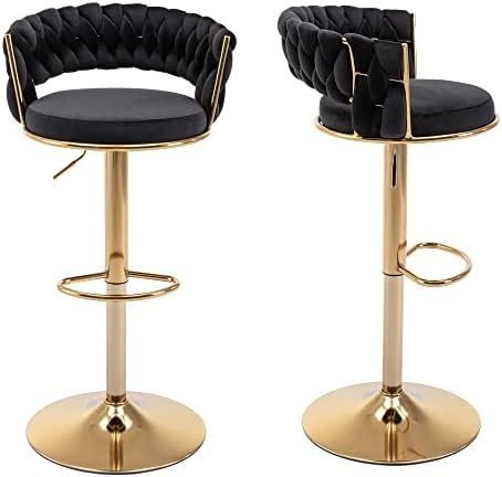 Amazon.com: UIXE Velvet Swivel Bar Stools Set of 2, Adjustable Gold Counter Barstools Height Bar Chairs with Back and Footrest, Modern Upholstered Kitchen Island Dining Chairs for Cafe, Pub (Dark Green) : Home & Kitchen Black Gold Bar Design, Black And Gold Counter Stools, Velvet Bar Stools Black Hardware, Black Velvet Counter Stools, Black Gold Barstool, Comfortable Kitchen, Metal Stool, Adjustable Bar Stools, Swivel Bar Stools