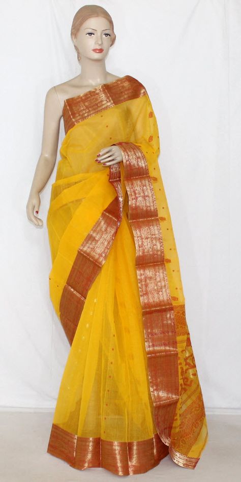 Deep Yellow Handwoven Bengali Tant Cotton Saree (Without Blouse) Zari Border 14101 Tant Saree, Deep Yellow, Cotton Saree, Hand Weaving, Saree, Yellow, Quick Saves, Design