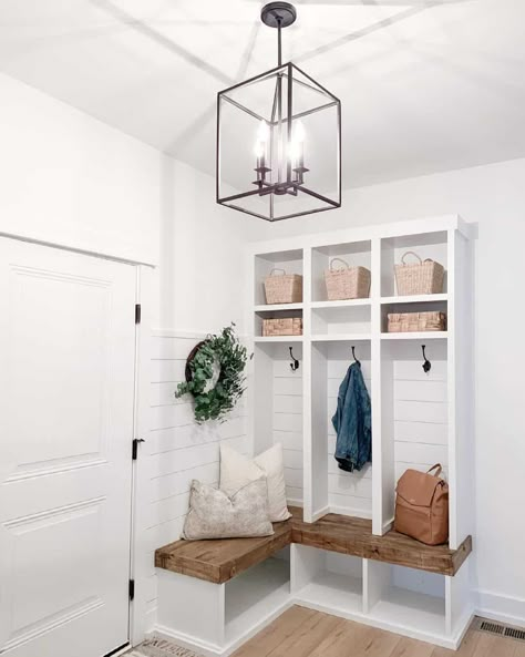 17 Stunning Corner Bench Ideas That Are Incredibly Useful Mudroom Walls, Black Lantern Chandelier, Corner Entryway Bench, White Mudroom, Mudroom Design Ideas, Corner Bench With Storage, Small Mudroom Ideas, Wall Cubbies, Mudroom Cubbies