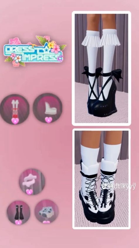 Cute Shoe Ideas, Dti Tips And Tricks, Top Model Dress To Impress, Optical Illusion Dress, Dti Codes, Fancy Dress Code, Outfit Hacks, Images Hello Kitty, Dti Hacks