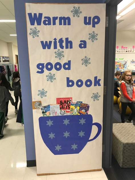 Warm Up With A Good Book Classroom Door, Winter Library Door Ideas, Christmas Book Themed Door Decorations, Favorite Book Door Decorating Contest, Library Christmas Door Decorations For School, Reading Christmas Door Decorations, Literary Door Decoration, Winter Wonderland Library Decorations, Library Winter Decorations