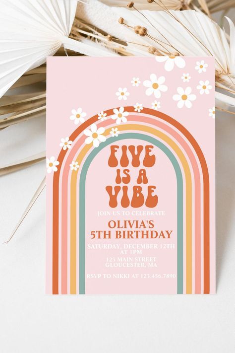 Groovy FIVE is a Vibe daisy rainbow 5TH birthday Invitation 7th Birthday Theme, Vibe Birthday Party, 7th Birthday Invitation, Five Is A Vibe, 5th Birthday Invitation, Rainbow Birthday Invitations, Girl Birthday Themes, Retro Birthday, Retro Rainbow