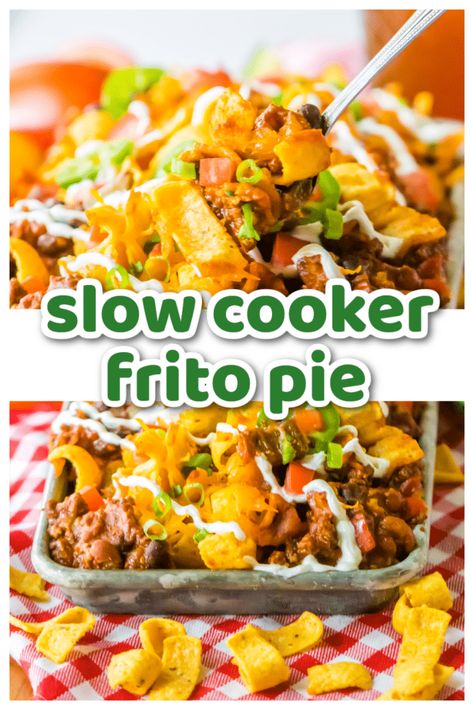 Slow Cooker Frito Pie - Life With The Crust Cut Off Slow Cooker Frito Chili Pie, Upside Down Frito Pie, Crockpot Frito Pie With Enchilada Sauce, Slow Cooker Smothered Fritos Taco Bowls, Crock Pot Frito Pie Recipe, Slow Cooker Frito Pie, Frito Pie Recipe Crockpot, Frito Pie Chili Recipe Crockpot, Frito Enchilada Crockpot