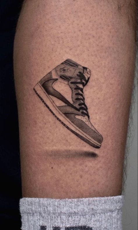 Drip Tattoo Ideas, Jordan 1 Tattoo Design, Jordan Shoes Tattoo, Air Jordan Tattoo, Jordan 1 Tattoo, Sneaker Tattoo, Drip Tattoo, Stipple Tattoo, Shoe Tattoo