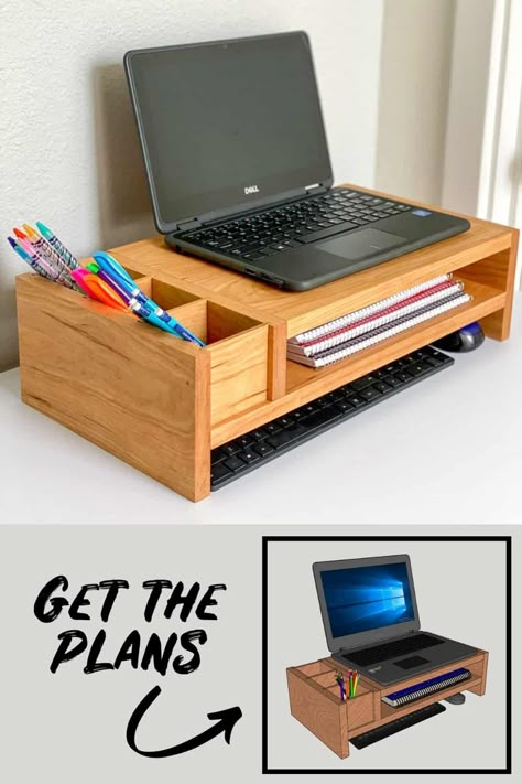 Are you working from home on a laptop? Are your kids remote learning on a laptop? You need this DIY laptop stand! It puts the monitor at the right height for video calls, and adds storage for pencils and notebooks as well as an external keyboard and mouse! The woodworking plans include a beginner and advanced version, so anyone can build it! Get the woodworking plans to make your own laptop stand or monitor stand at The Handyman's Daughter! Diy Monitor Stand, Monitor Stand Diy, Diy Laptop Stand, Minimalist Products, Diy Laptop, Add Storage, Wall Decor Wood, Work Diy, Woodworking Plans Diy