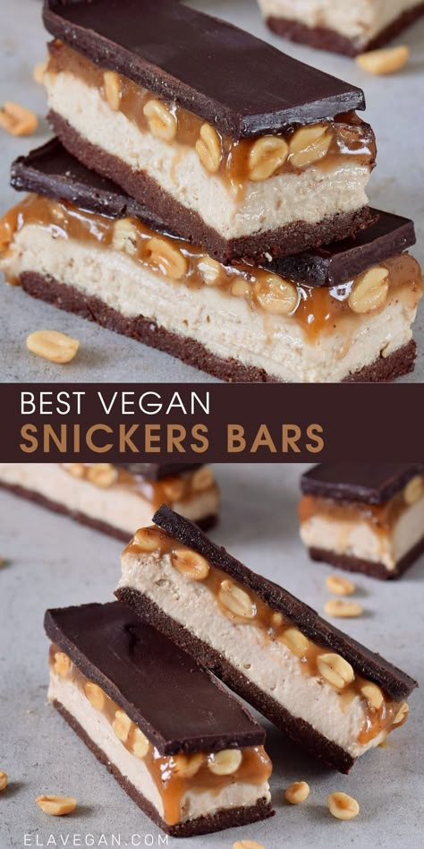 These no-bake Vegan Snickers Bars are the perfect treat because they contain a delicious caramel-, chocolate-, and cream layer. These bars are gluten-free, dairy-free, plant-based, and easy to make. Healthy caramel version included! #vegansnickers #homemadesnickers #caramelbars #caramelchocolatebars #vegandessert #elavegan | elavegan.com Vegan Dessert Charcuterie Board, Vegan Snickers Bar, Easy Vegan Treats, Vegan Chocolate Recipe, Vegan Candy Recipes, Vegan No Bake Desserts, Vegan Bonbons, Vegan Chocolate Desserts, Vegan Patisserie