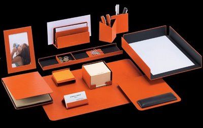 orange desk set Leather Office Accessories, Desk Stationary, Orange Desk, Leather Desk Accessories, Shade Of Orange, Office Desk Set, Office Organization At Work, Desk Organizer Set, Be Design