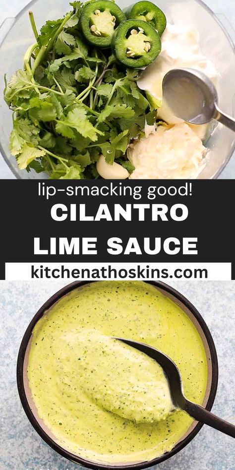 This Cilantro Sauce is unbelievably addicting! Made in under 5 minutes it is creamy, spicy, tangy with a subtle bite from garlic, full of flavor and elevates any Mexican dish! Mediterranean Green Sauce, Creamy Serrano Sauce, Cilantro Sauce Recipe, Lime Sauce Recipe, Mexican Sauce Recipes, Healthy Dressings, Vegetarian Lettuce Wraps, Cilantro Recipes, Dressing Salad