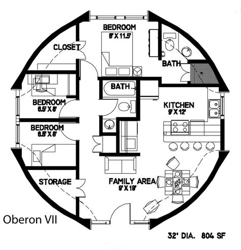 The Oberon, named for one of the moons of Uranus, is an 804-square-foot home. The flexibility of this size dome has resulted in several floor plan layouts created by our design department. Tiny Cottage Floor Plans, African Huts, Deltec Homes, Cob House Plans, Round House Plans, Circle House, Geodesic Dome Homes, Box Stitch, Affordable House Plans