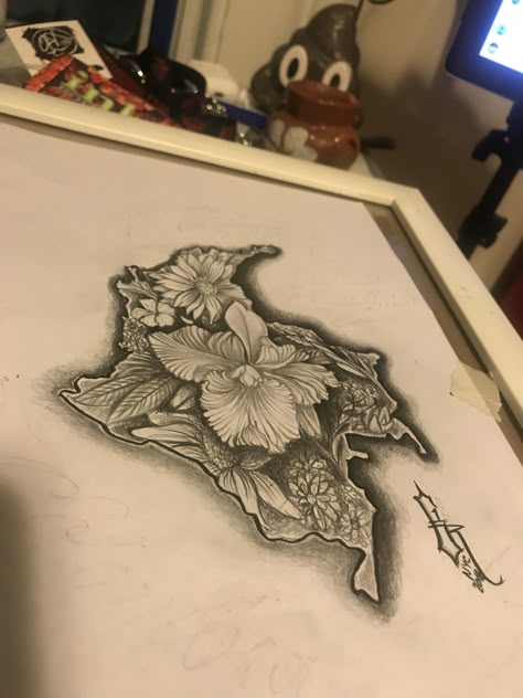 Colombian Art Tattoo, Colombian Heritage Tattoo, Colombian Orchid Tattoo, Colombia Map Tattoo, Colombian Flower Tattoo, Colombian Inspired Tattoo, Colombia Tattoo Ideas Men, Colombia Tattoo Ideas For Women, Colombian Tattoo Ideas Men