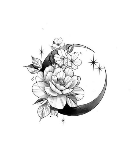 Moon And Flower Tattoo Cover Up, Flower And Moon Tattoo Designs, Moon Tattoo Cover Up Ideas, Moon Cover Up Tattoos For Women, Flower With Moon Tattoo, Floral Moon Tattoo Designs, Moon Flower Tattoo Designs, Cherry Blossom Moon Tattoo, Moon And Flowers Tattoo Design