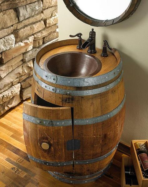 Brillant use of a wine barrel, perfect for an guest bath. #wine #winelovers. Wine Barrel Sink, Amalfi Positano, Barrel Sink, Barrel Projects, Wine Barrel Furniture, Diy Bathroom Vanity, Wine Tasting Room, Barrel Furniture, Whisky Barrel