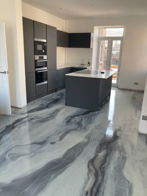 Changing a lounge to a kitchen diner, love the room we have created 🥰 Epoxy Floor Living Room Interior Design, Epoxy Grey Floor, Epoxy Resin Kitchen Floor, Resin Floor Ideas, Epoxy Kitchen Floor, Epoxy Flooring Ideas, Concrete Floors Diy, Epoxy Floor Designs, Epoxy Resin Flooring