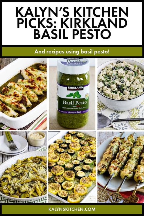 Pinterest image collage for Kalyn's Kitchen picks: Kirkland Basil Pesto showing 5 photos of recipes made up using Kirkland Basil Pesto and a photo of a bottle of the pesto. Recipes Using Pesto, Basil Pesto Recipes, Costco Meals, How To Make Pesto, Lean And Green Meals, Basil Pesto, Pesto Recipe, Fresh Basil, Recipe Using