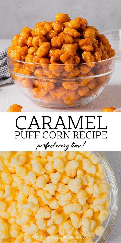 Enjoy the salty and sweet flavors of this classic snack whenever the craving strikes – the recipe is that easy! And foolproof! This puffed caramel corn recipe is a little bite of nostalgia. And perfect for holidays and gift giving! Caramel Cheetos Cheese Puffs, Carmel Corn Puffs Recipe, Caramel Puff Corn Recipe Microwave, Carmel Puff Corn Recipe Easy, Concession Stand Baked Goods, Carmel Puffcorn Recipe Microwave, Puffed Caramel Corn, Puffed Corn Caramel Corn, Chesters Puffcorn Caramel Corn