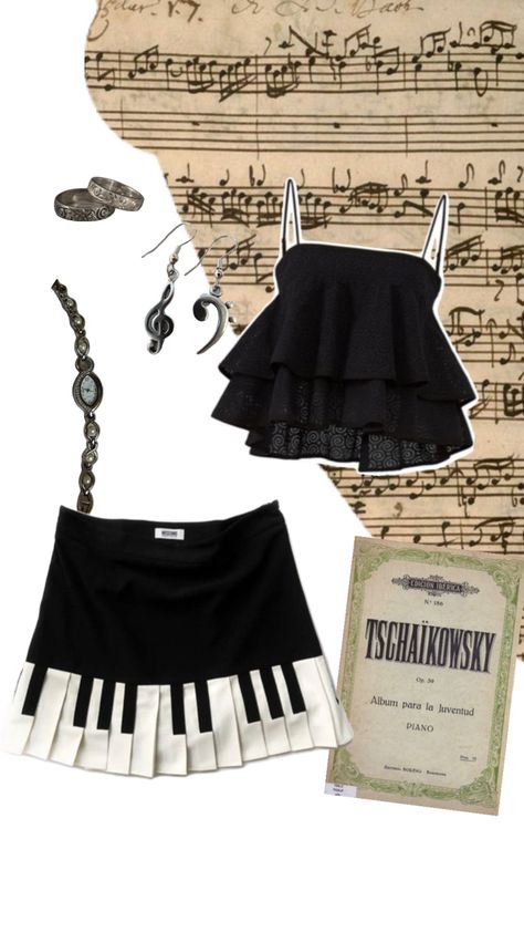 piano inspired outfit for musicians with a fancy skirt Piano Skirt Outfit, Classical Outfits, Piano Clothes, Piano Skirt, Fancy Skirts, Fancy Outfit, Character Fashion, Fancy Outfits, Life Motivation