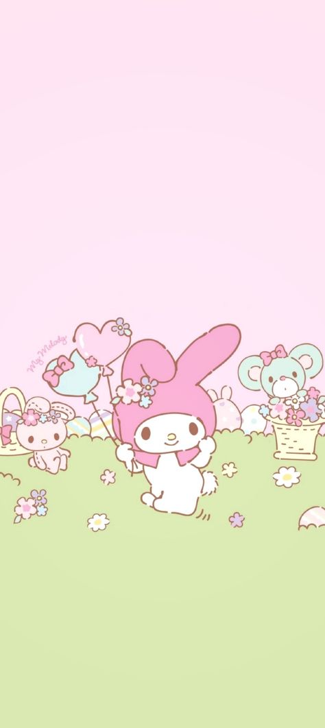 My Melody Easter Wallpaper, Spring Sanrio Wallpaper, Spring Hello Kitty Wallpaper, My Melody Invitation, My Melody Lockscreen, My Melody Wallpaper Iphone, Spring Hello Kitty, Hello Kitty Wallpapers, Cottage Core Wallpaper