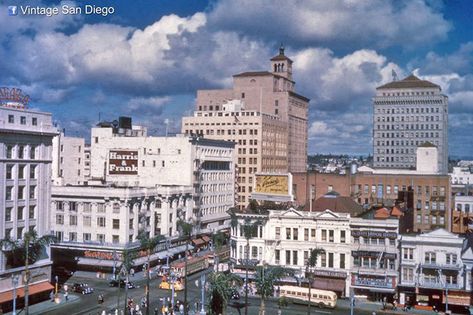 Downtown San Diego in the late 1940s. 	 Looking east across Horton Plaza at 4th & Broadway. Note the streetcars on Broadway. 1940s Photos, California City, Downtown San Diego, California Dreamin', San Diego County, San Diego California, Old Photos, Vintage Photos, San Diego