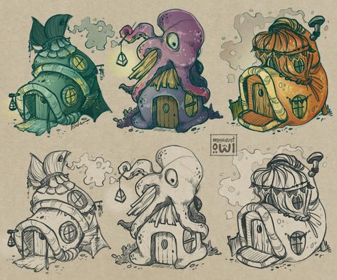 Game Dungeon Concept Art, Fantasy Beach House Concept Art, Shell House Drawing, Fantasy House Design Art, Shell House Illustration, Seashell House Concept Art, Underwater House Fantasy Art, Fantasy House Illustration, Fantasy House Drawing