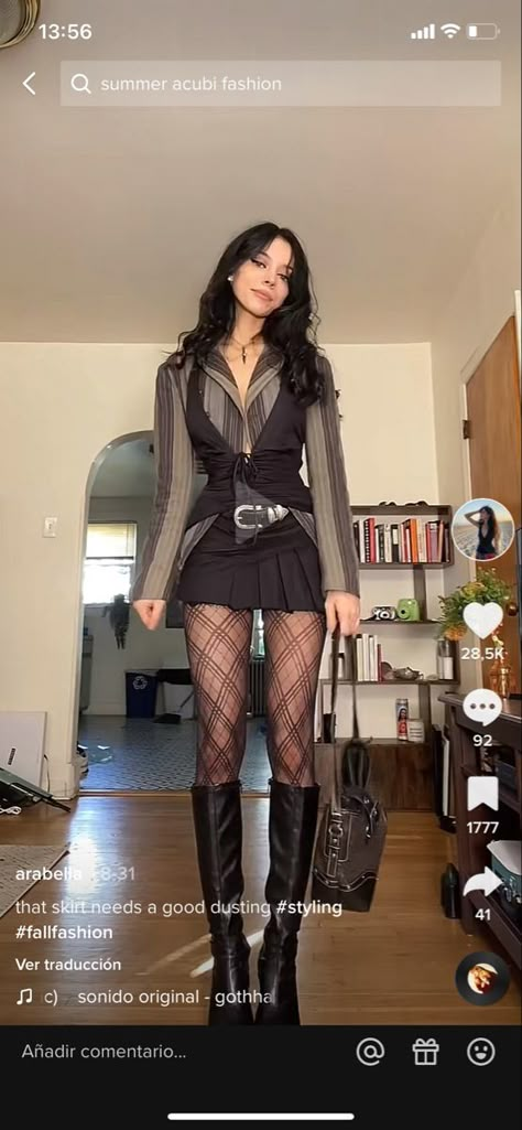 Outfits To Wear With Black Boots, Knee High Boots Mini Skirt Outfit, Patterned Stockings Outfit, Boots And Stockings Outfits, Layered Outfits Aesthetic Grunge, Femme Fatale Summer Outfits, Mesh Button Up Outfit, Lace And Leather Outfit, Layered Grunge Outfits