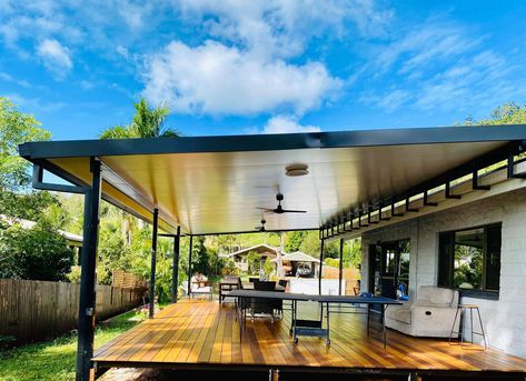 Flyover Patio Roofs, Carport Ideas Australia, Bamboo Roofing, Patio Roof Extension Ideas, Patio Roofs, Deck Roof, Deck Cover, Patio Upgrade, Patio Kits