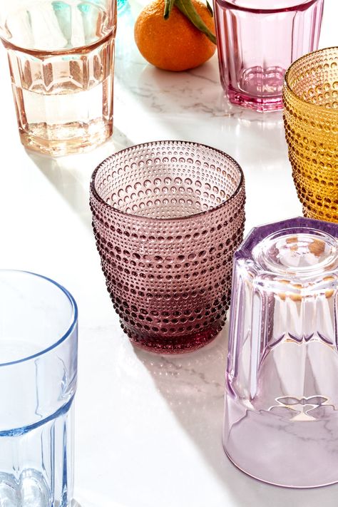 Mix and match shades of warm amber with cool purple glassware for pops of color both on your dining table and displayed on your kitchen shelves. Shop Amazon Home for our curated selection of bright cups, glasses, and tumblers. #amazonhome #founditonamazon Colorful Glassware, Glassware Crafts, Welcome To My House, Glassware Kitchen, Colored Glassware, Dining Table Top, Craft Projects For Kids, Food Crafts, Glassware Set