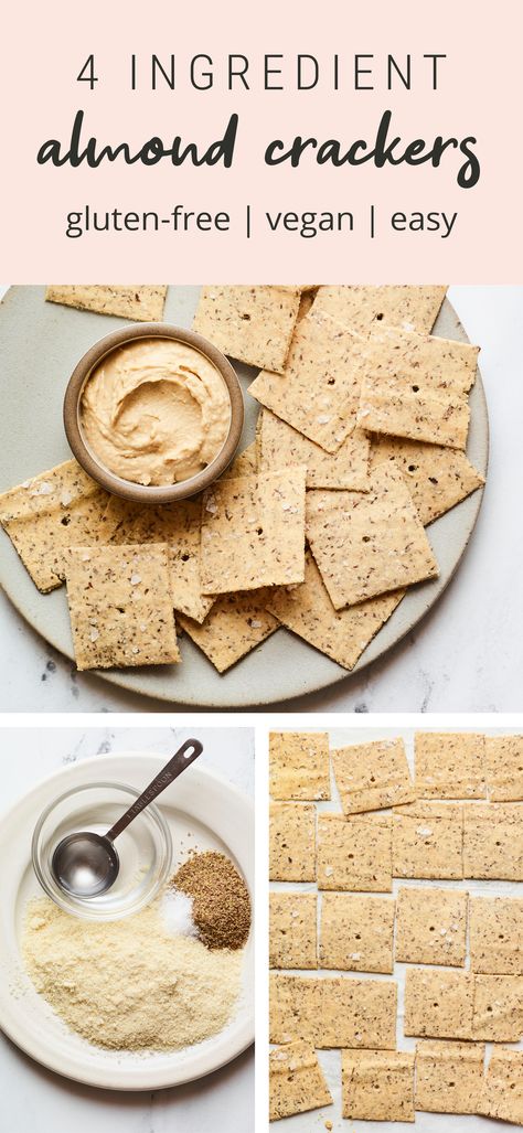 Homemade almond flour crackers with 4 simple ingredients: almond flour, water, flaxseed and salt. They’re low-carb, gluten-free and delish! Homemade Almond Crackers, Almond Crackers, Clean Eating Crackers, Savory Almond Flour Recipes, Almond Flour Crackers, Almond Meal Crackers, Almond Flour Crackers Recipe, Almond Flour Crackers Vegan, Keto Flaxseed Crackers