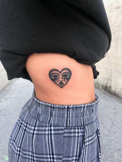 Grim Heart Tattoo, Grimm Heart Tattoo, Vintage Heart Tattoo, Try Tattoo, Grimm Tattoo, Traditional Heart Tattoos, Traditional Black Tattoo, Stomach Tattoos, Knee Tattoo