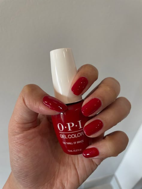 80s Red Nails, Opi The Thrill Of Brazil Gel, 1950s Red Nails, Red Nails Engagement Photos, Best Opi Red Gel Polish, Red Gel Polish Short Nails, Best Red Gel Nail Polish, Opi Dark Red Nail Polish Gel, Christmas Red Gel Nail Polish