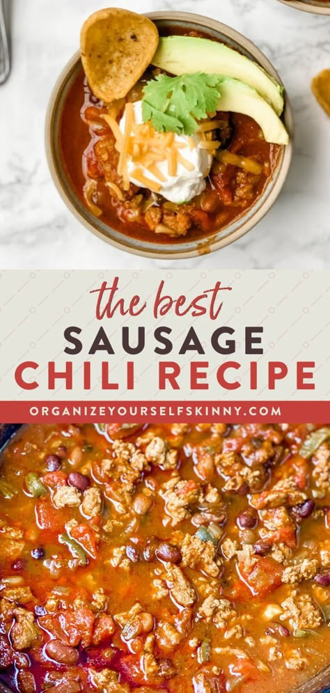 Chili With Pork Sausage, Turkey Sausage Chili Recipe, Turkey And Sausage Chili, Sausage Chili Recipe Crock Pot, Healthy Ground Sausage Recipes Dinners, Chili With Hot Italian Sausage, Ground Sausage Chili, Sausage Chilli Recipes, Spicy Sausage Dinner Recipes