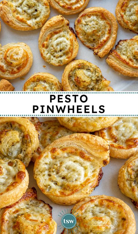 Easy Puff Pastry Pesto Pinwheels - The Schmidty Wife Puff Pastry Pesto Pinwheels, Finger Food Puff Pastry, Mediterranean Pastry Pinwheels, Brunch Pinwheel Recipes, Pesto Puff Pastry Pinwheel, Pesto Pastry Twists, Appetizers With Pesto Appetizer Ideas, Picky Tea Ideas, Pesto Pinwheels Puff Pastry