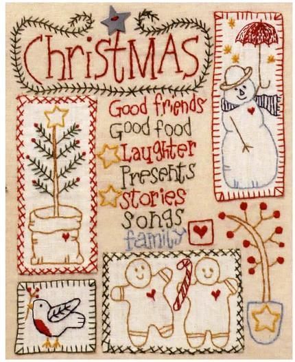 Free pattern: Christmas sampler · Needlework News | CraftGossip.com Redwork Embroidery Patterns, Beginning Embroidery, Red Brolly, Christmas Sampler, Redwork Patterns, Primitive Embroidery, Primitive Stitchery, Christmas Embroidery Patterns, Redwork Embroidery