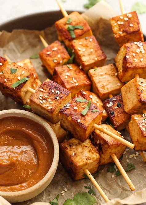 Tofu Skewers with Spicy Peanut Sauce – It's All Good Vegan Vegan Teriyaki Tofu, Vegan Teriyaki, Tofu Skewers, Teriyaki Tofu, Spicy Peanut Sauce, Grilled Tofu, Spicy Peanuts, Veggie Stir Fry, Grilled Veggies