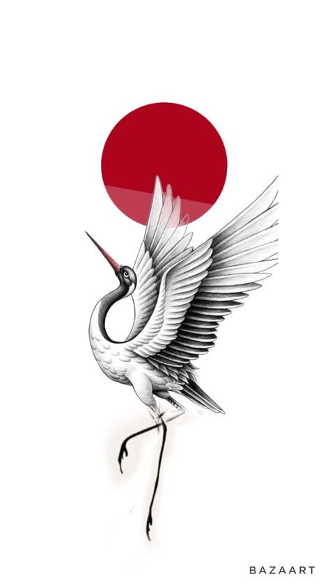 Japanese Botanical Tattoo, Crane Japanese Art, Japanese Minimalist Tattoo, Japanese Crane Tattoo Design, Crane Bird Tattoo, Crane Tattoo Design, Stork Tattoo, Japanese Crane Tattoo, Crane Drawing