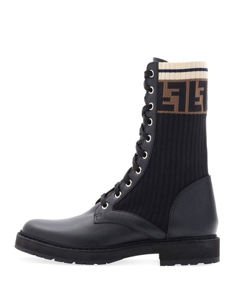 Fendi Leather Combat Boot with FF Cuff Combat Boots With Socks, Fendi Boots, Fancy Footwear, Outfit Reference, Gentlemen's Club, Combat Boots Men, Fendi Kids, Mom Fashion, Modern Mom