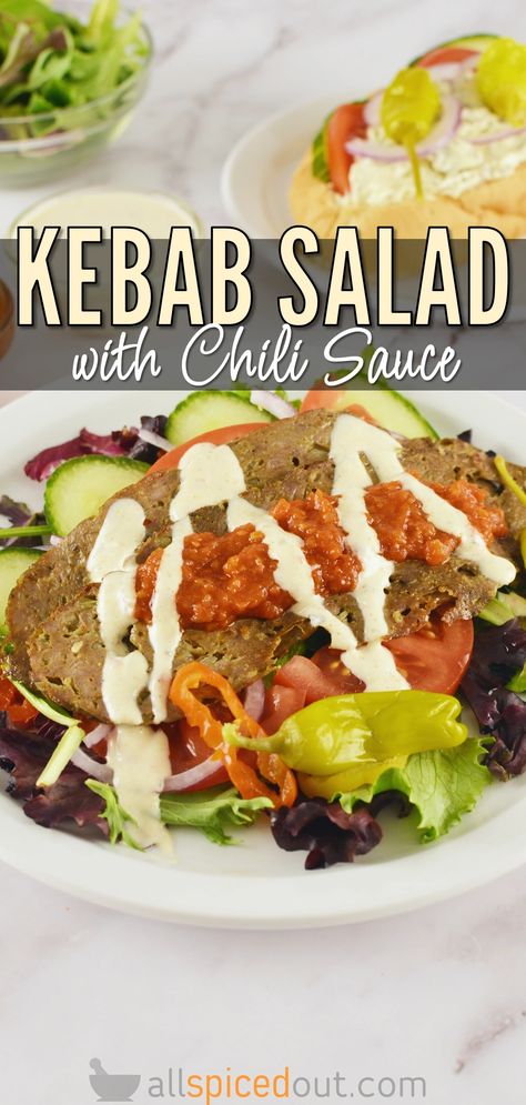 Doner Kebab Salad With Chili Sauce Kebab Salad Recipe, Kebab Salad, Gf Salads, Kebab Sauce, Salad With Chili, Pickled Beet Salad, Kebab Shop, Sliced Vegetables, Kebab Meat