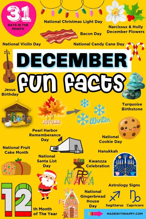 December National Days, Fun Facts About Fall, Christmas Planner Ideas, Christmas Fun Facts, Christmas Facts, Saints For Kids, Silly Holidays, Bacon Day, Daily Fun Facts