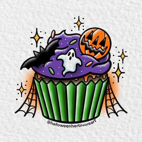 Halloween Cupcake Tattoo Ideas, Spooky Cupcake Tattoo, Halloween Cupcake Tattoo, Therapy Doodles, Tufting Projects, Blink Tattoo, Halloween Themed Tattoos, Mlp Halloween, Cute Spooky Art