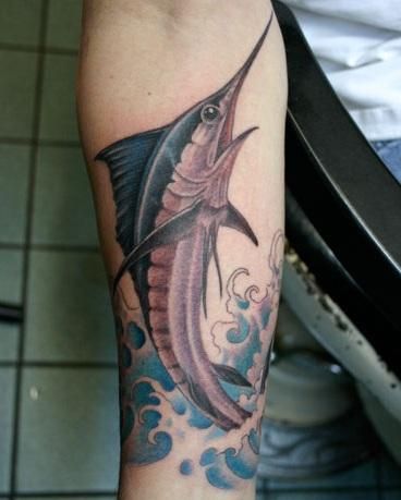 White marlin Marlin Tattoo, Swordfish Tattoo, Corey Miller, Husband Tattoo, White Marlin, Tattoo On Hand, Tattoo On Forearm, Chrysanthemum Tattoo, Sea Tattoo