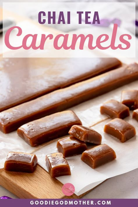 Learn how to make caramel candies at home and add flavor! This recipe for chai tea caramels is easy to follow, and the results are sure to impress. The perfect holiday candy. Makes great gifts as well. #caramelsrecipe #caramels #candyrecipe #easycaramels #candymaking #howtomake #foodgifts @goodiegodmother Soft Caramel Recipe, Homemade Caramel Candy, Soft Caramels, Homemade Caramels, Caramel Candies, Hot Fudge Cake, Hot Chocolate Fudge, New Year's Desserts, How To Make Caramel