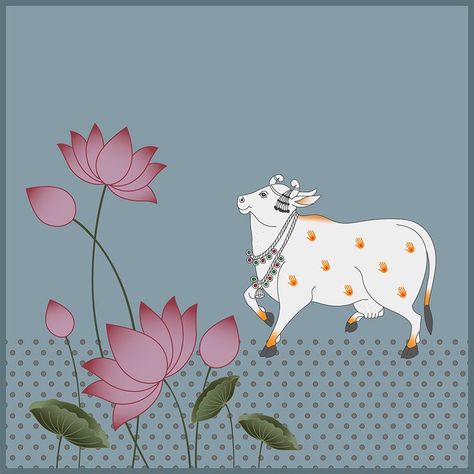 Cow Wall Painting, Pichwai Paintings Lotus And Cow, Cow And Lotus Painting, Modern Pichwai Paintings, Pichwai Paintings Cows, Pichwai Paintings Lotus, Pichwai Wallpaper, Pichwai Art Paintings, Pichwai Lotus