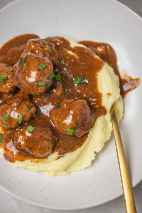 Meatball In Gravy Recipes, Gravy Recipe For Meatballs, Turkey Meatball And Gravy Recipes, Meatball With Gravy Recipes, Meatball Mashed Potatoes Gravy, Oven Baked Meatballs And Gravy, Mashed Potatoes With Meatballs, Pork Meatballs And Gravy, Au Jus Meatballs