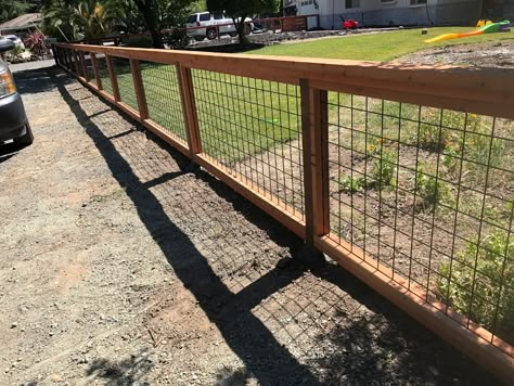 Wire And Wood Fence, Hog Wire Fence, Fence Planning, Chicken Wire Fence, Welded Wire Fence, Diy Backyard Fence, Wire Mesh Fence, Fence Stain, Deer Fence