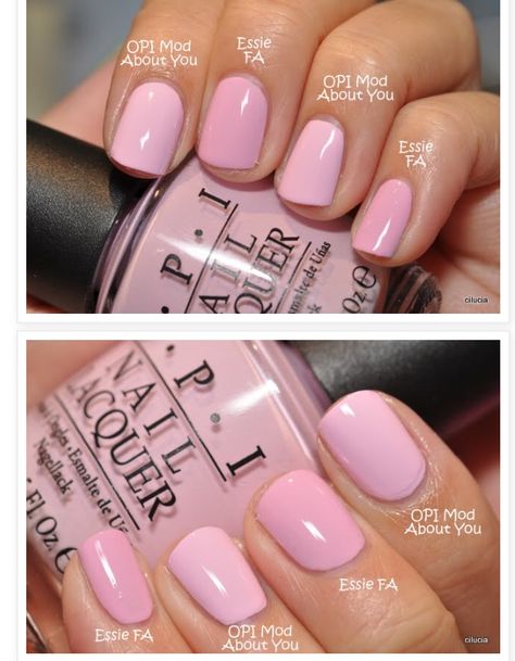 Pretty pink polishes! Essie French Affair and OPI Mod About You! Opi Pink Colors Shades, Essie French Affair, Pink Opi Gel Colors, Professional Pink Nails, Opi Pink A Doodle, Opi Gel Polish Colors Neutral Pink, Pink Nails Colors Shades, Opi I Think In Pink, Shades Of Pink Nail Polish